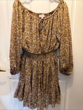 bohme Mustard Floral Smocked-Waist Mini Dress